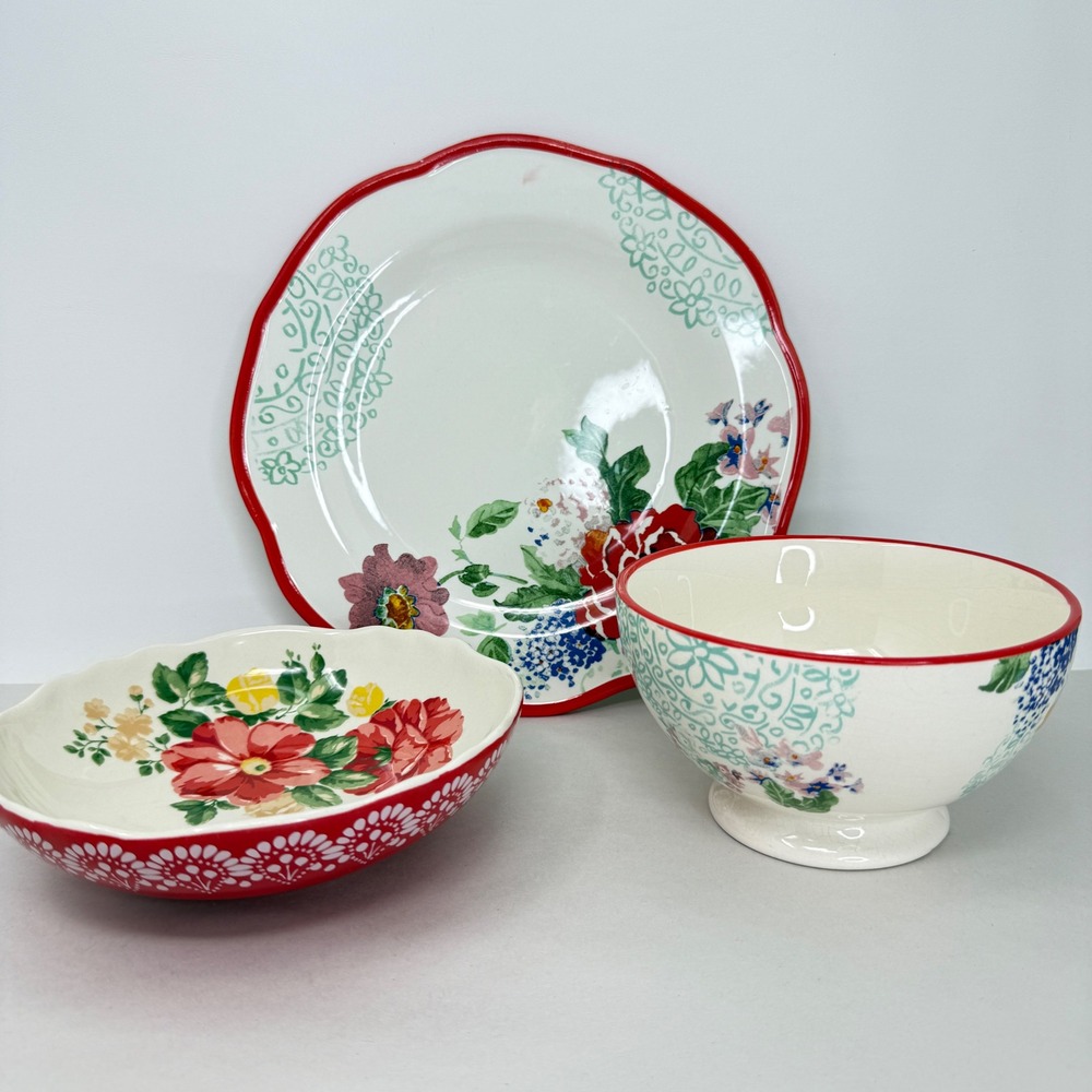 Pioneer Woman Floral Stoneware 3pc Set Dinner Plate Pasta Bowl Footed Bowl Red